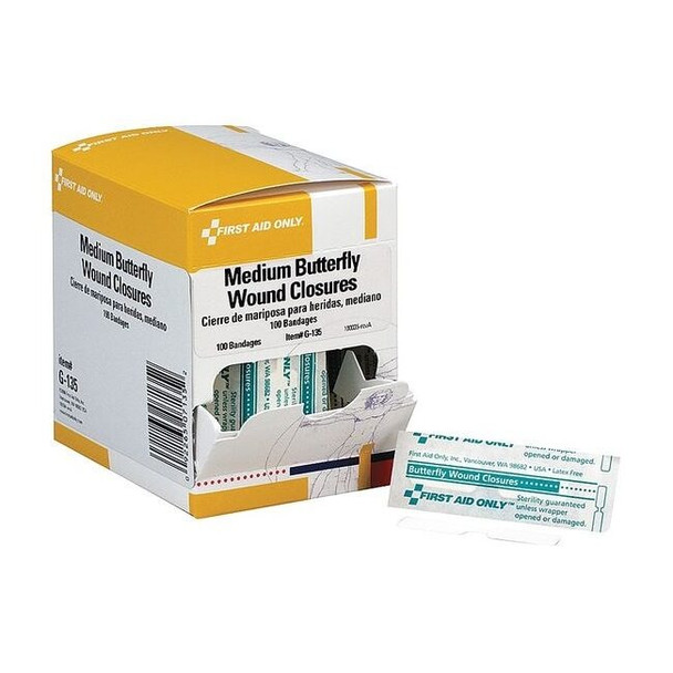 First Aid Only Butterfly Close, Plastic, 3/8x1-3/4In, PK100 G135