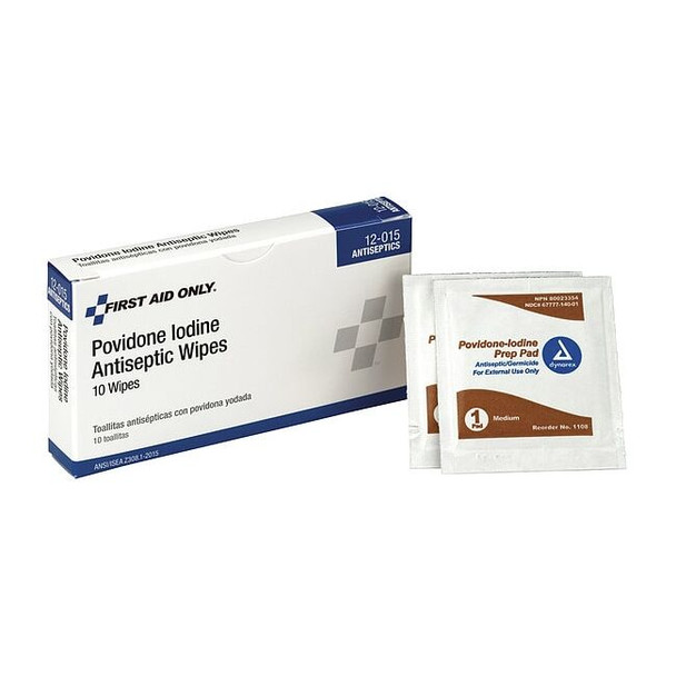 First Aid Only PVP Wipes,Packet,2-1/8 In.,PK10 12-015