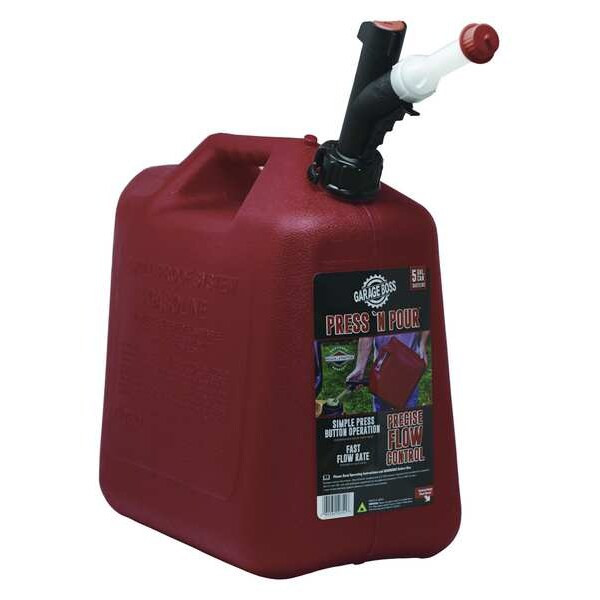 Gas Can, Plastic, 5 gal, Press 'N Pour (R) Spout, Self-Venting, Red, Gasoline