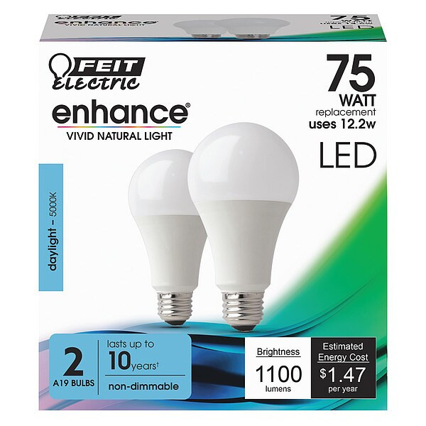 Feit Electric LED,12.2 W,A19,Medium Screw (E26),PK2 OM75/950CA10K/2