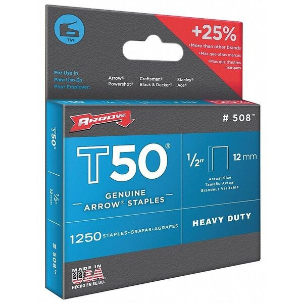 Heavy Duty Staples, T50, 18 ga, Flat Crown, 1/2 in Leg L, Steel, 1250 PK