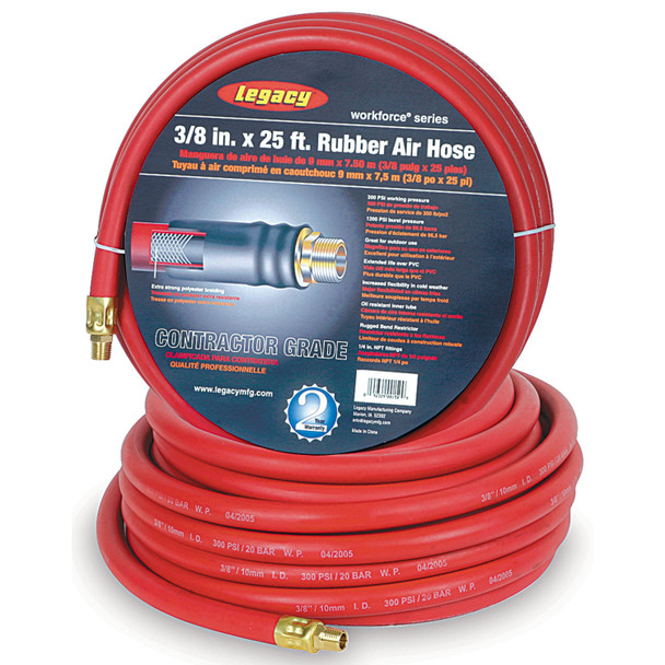 Workforce Series 1/2" ID x 50ft rubber air hose w/ 3/8" MNPT ends and bend restrictors HRE1250RD3