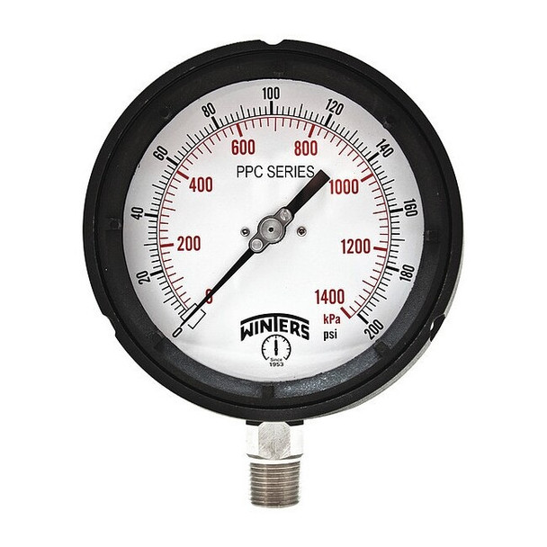 Process Pressure Gauge, 0 to 200 psi, 4 1/2 in Dial, 1/2 in NPT, Bottom Location