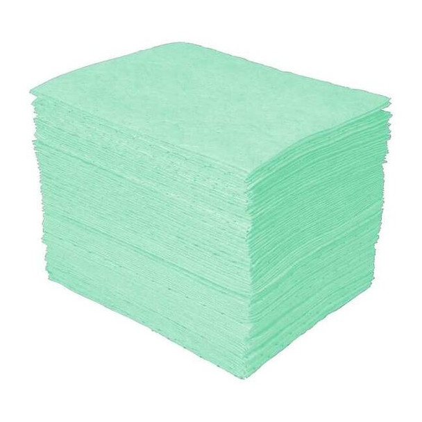Sorbent Pad, 20 gal, 15 in x 19 in, Harsh Chemicals, Green, 100 PK