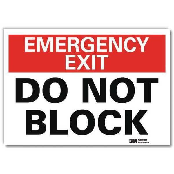 Exit Sign, Vinyl, 7" W, 5" H, Emergency Exit Do Not Block, Red, White