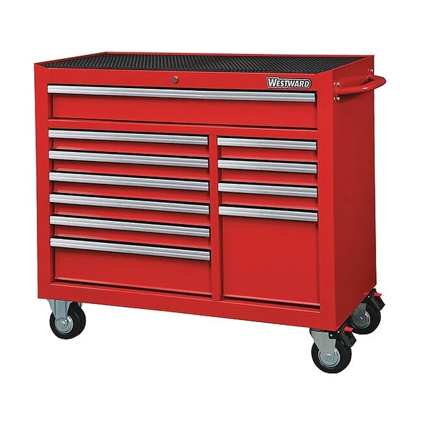 WESTWARD Rolling Tool Cabinet, 11-Drawers, Gloss Red, 42" W x 19" D x 40" H