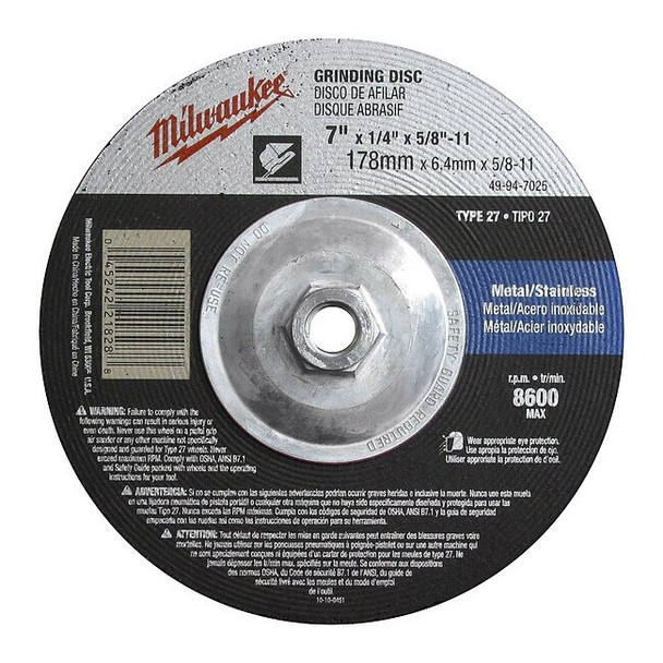 Milwaukee Tool 7" x 1/4" x 7/8" Grinding Wheel (Type 27) 49-94-7020