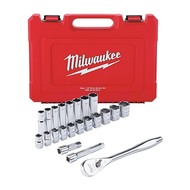 22 pc 1/2" Drive SAE Ratchet and Socket Set with FOUR FLAT Sides