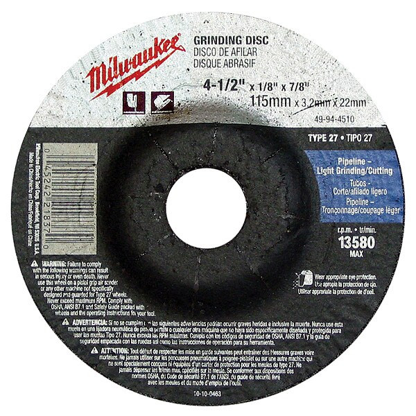 Abrasive Cut-Off Wheel, Type 27, 4.5 in Dia, 0.045 in Thick, 60 Grit