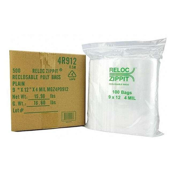 Reclosable Bag, Zip Seal, 12 in L, 9 in W, 4 mil Thick, Polyethylene, Clear