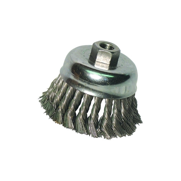Knot Wire Cup Brush, 3 in Dia, 5/8-11 Arbor, .012 in Carbon Steel