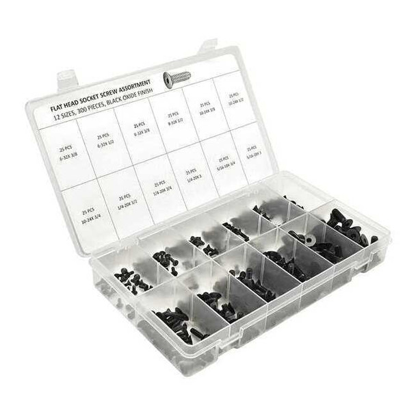 #6-32 to 5/16"-18 Cap Screw Assortment, Flat, Black Oxide Finish, Alloy Steel
