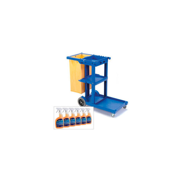 Global Industrial Janitor Cart Blue with Citrus Cleaner Degreaser Case