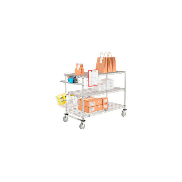 Nexel 3 Shelf Push Cart Chrome 36""W x 24""D x 40""H Poly Casters2 Rigid 2 Brake