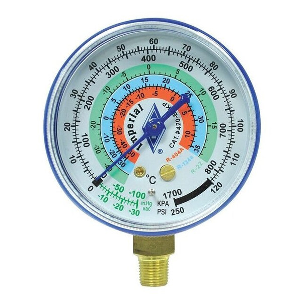 Imperial Gauge,2-1/2 In Dia,Low Side,Blue,250 psi 424-CB