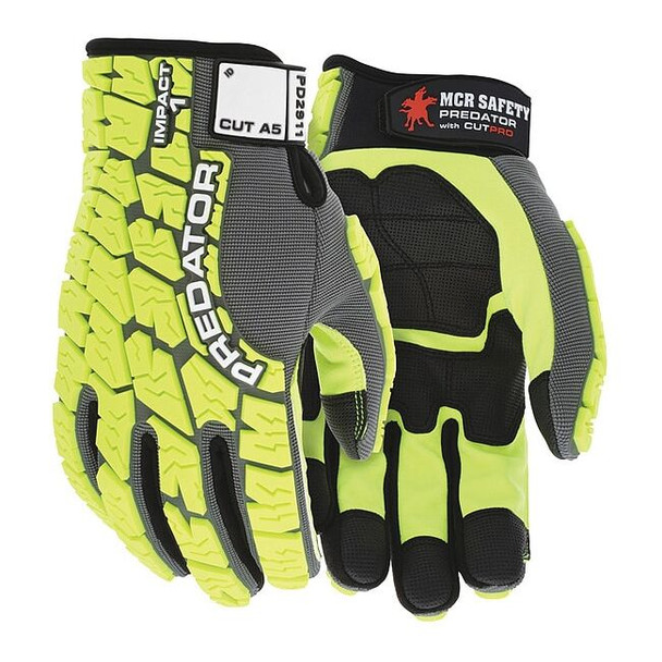 Predator Mechanics Gloves, Synthetic Leather Palm, Spandex Back, XL, Gray/Lime
