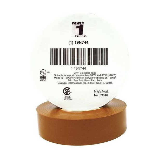 Vinyl Electrical Tape, 3/4 in W x 66 ft L, 7 mil thick, Brown