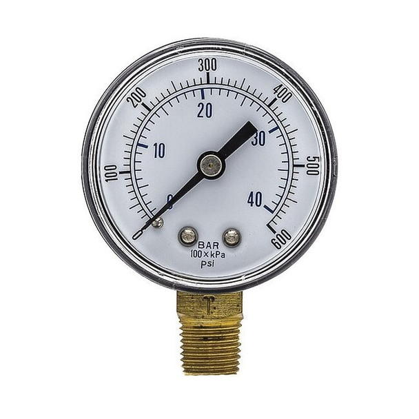 Industrial Pressure Gauge, 0 to 600 psi, 2 in Dial, 1/4 in BSPT, Bottom Location