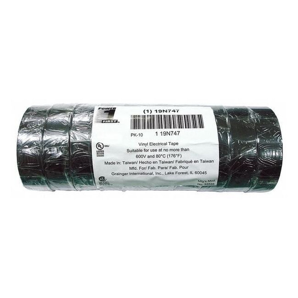 Vinyl Electrical Tape, 3/4 in W x 60 ft L, 7 mil Thick, Black, 10 Pk