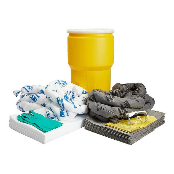 Spill Kit, 13 gal Volume Absorbed per Kit, 14 gal Capacity, Drum, Gray, White