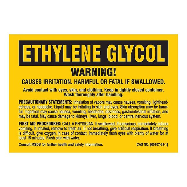 Brady Label, ETHYLENE GLYCOL, Polyester, 5 in W, 3 1/2 in H 7264QLS