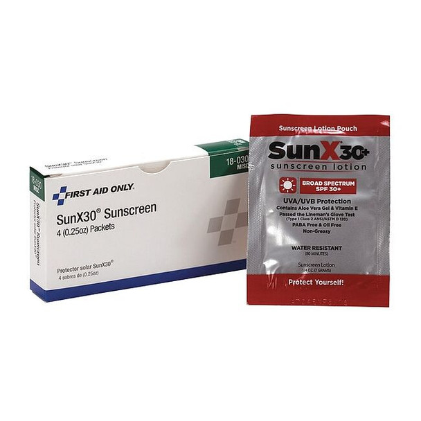 First Aid Only Sunscreen,0.25 oz,Packet,30 SPF,PK4 18-030