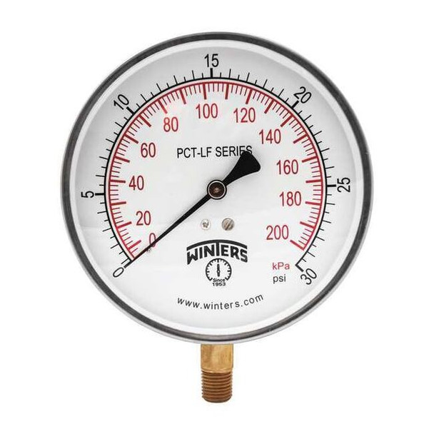 Pressure Gauge, 0 to 30 psi, 4 1/2 in Dial, 1/4 in NPT Bottom Location