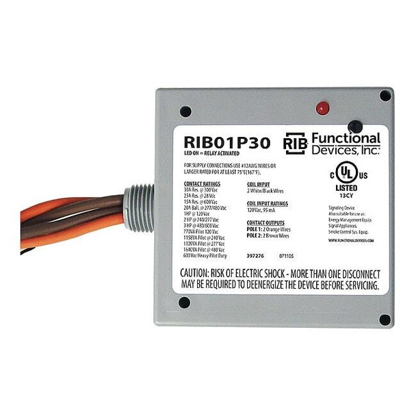 Functional Devices-Rib Enclosed Pre-Wired Relay,20A at 300VAC,DPST RIB01P30
