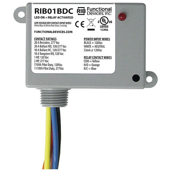 Functional Devices-Rib Enclosed Pre-Wired Relay,20A at 277VAC,SPDT RIB01BDC