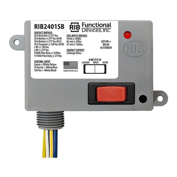 Functional Devices-Rib Enclosed Pre-Wired Relay,20A at 277VAC,SPST RIB2401SB
