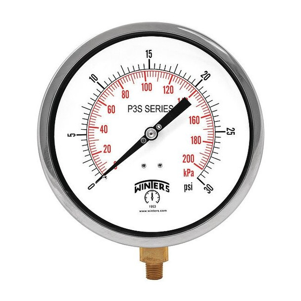 Industrial Pressure Gauge, 0 to 30 psi, 6 in Dial, 1/4 in NPT, Bottom Location