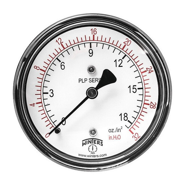 Low Pressure Gauge, 0 to 32 psi, 2 1/2 in Dial, 1/4 in NPT, Center Back Location