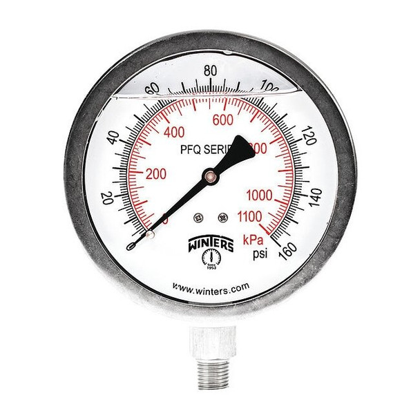 Industrial Pressure Gauge, 0 to 160 psi, 4 in Dial, 1/4 in NPT, Bottom Location