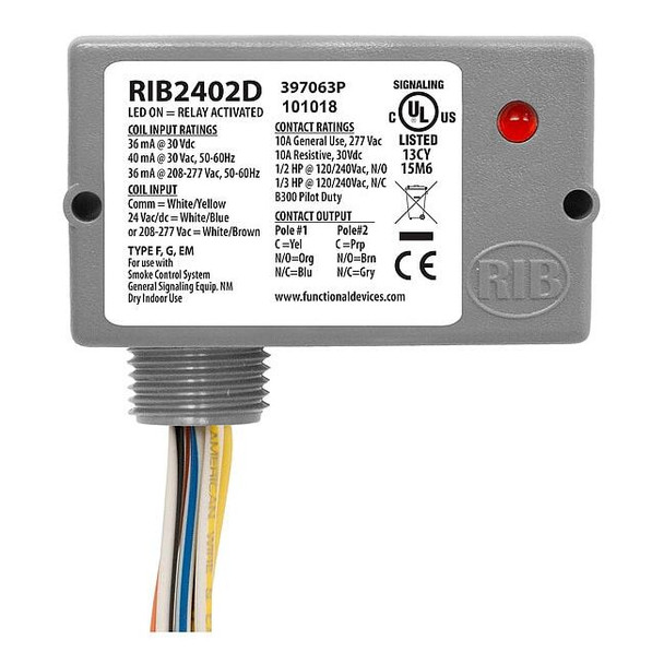 Functional Devices-Rib Enclosed Pre-Wired Relay,10A at 30VDC,DPDT RIB2402D