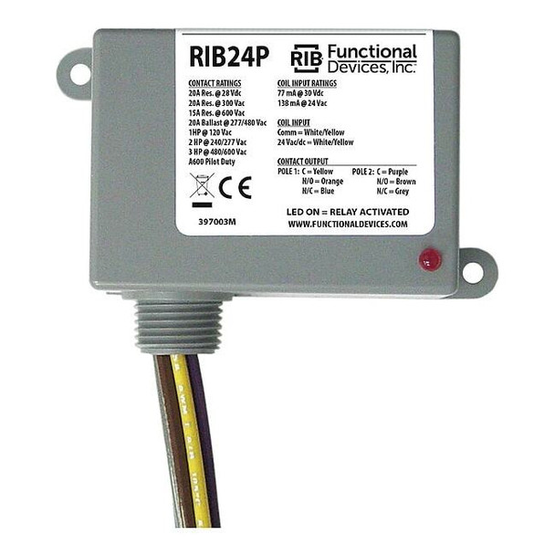 Functional Devices-Rib Enclosed Pre-Wired Relay,20A at 300VAC,DPDT RIB24P