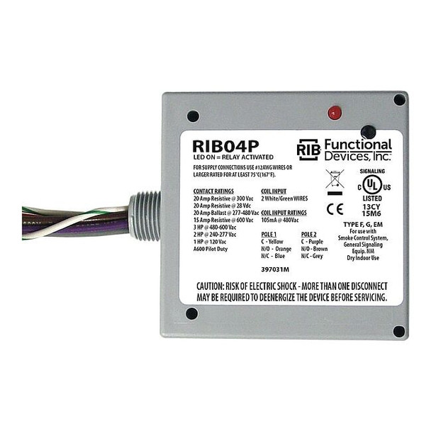 Functional Devices-Rib Enclosed Pre-Wired Relay,20A at 300VAC,DPDT RIB04P
