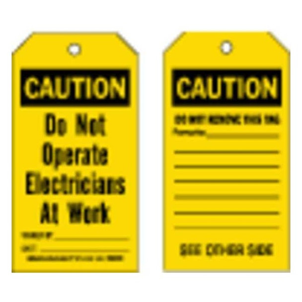 Caution Tag, Polyester, 5 3/4 in H x 3 in W, Black on Yellow, Rectangle, 10 PK