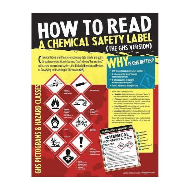 Safety Poster, How to Read A Chemical Safety Label, 22 in H x, 17 in W, Paper