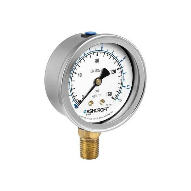Pressure Gauge, 0 to 3,000 psi psi, 2 1/2 in Dial, 1/4 in NPT, Bottom Location