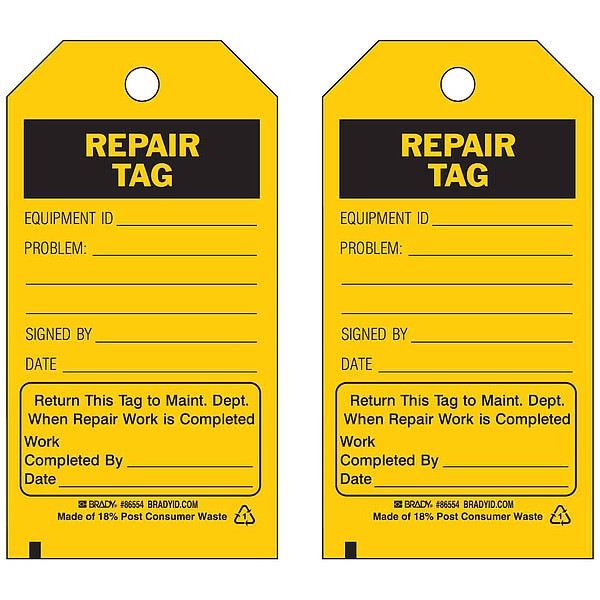Tag, Safety, Polyester, 5 3/4 in H x 3 in W, Black on Yellow, Rectangle, 10 PK