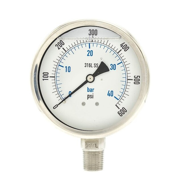 Industrial Pressure Gauge, 0 to 600 psi, 4 in Dial, 1/2 in NPT, Bottom Location