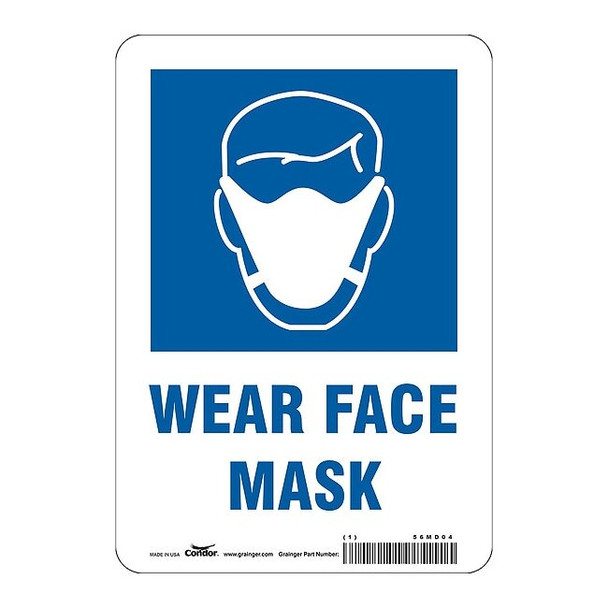 Wear Face Mask Sign, 7" W x 10" H, English, Plastic, White