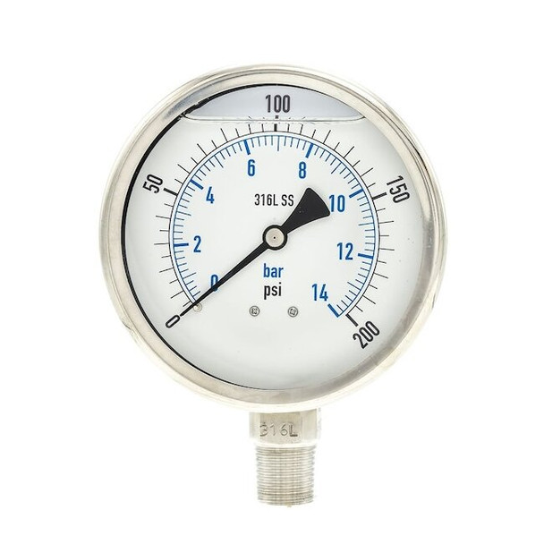 Industrial Pressure Gauge, 0 to 200 psi, 4 in Dial, 1/2 in NPT, Bottom Location