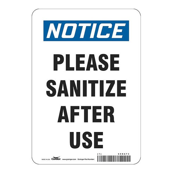 Please Sanitize After Use Sign, 7" W x 10" H, English, Polyester, White