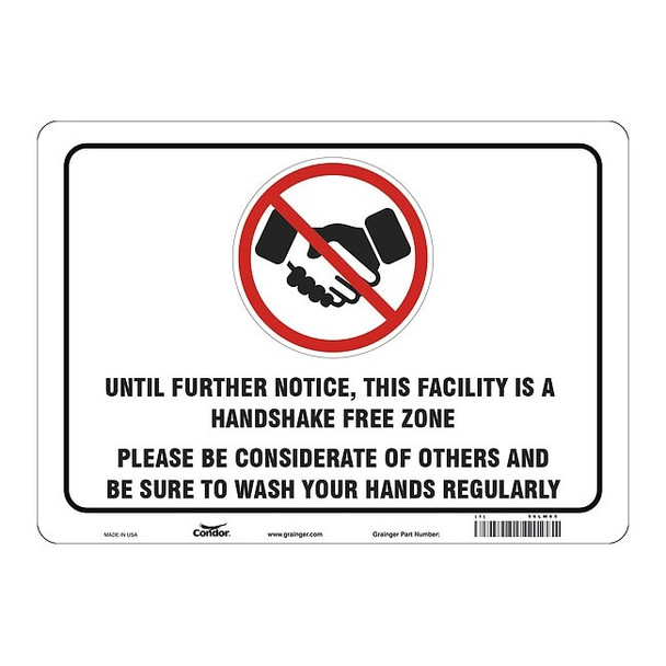 Handshake Free Zone Sign, 14" W x 10" H, English, Polystyrene, White