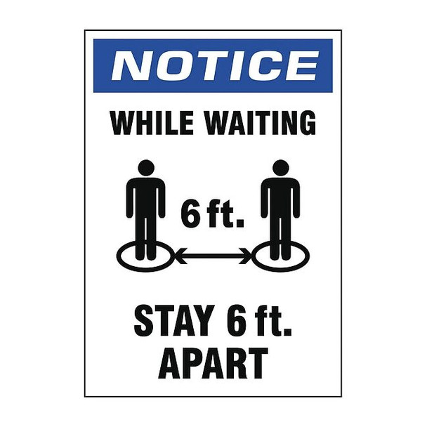 While Waiting Stay 6 ft. Apart Sign, 7" W x 10" H, English, Vinyl, Blue, White