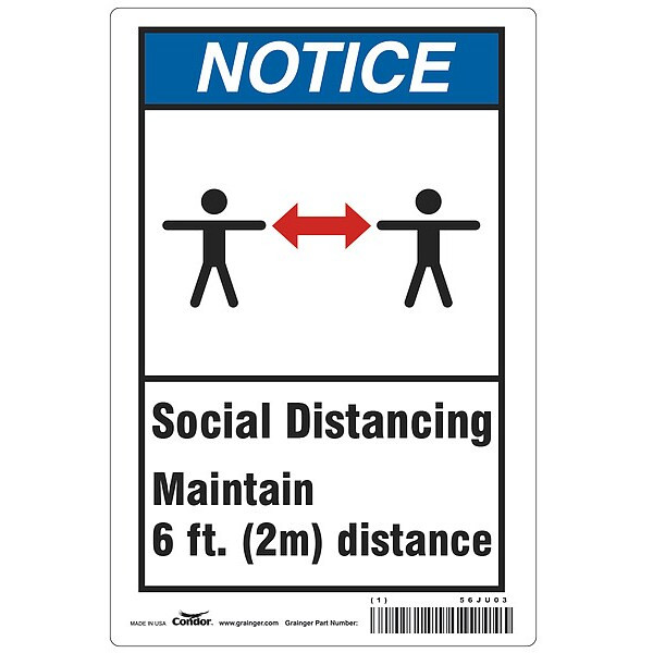 Social Distancing  Sign, 10" W x 7" H, English, Aluminum, Blue, White