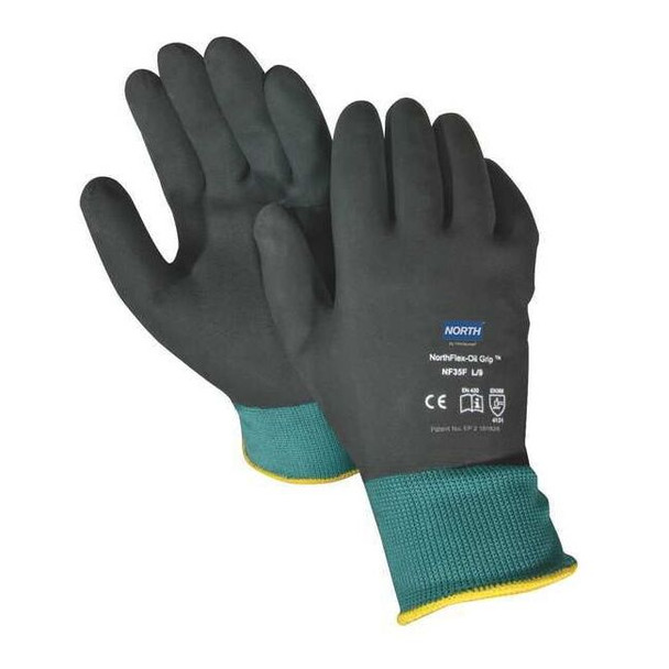 Coated Gloves, Nitrile, Textured, Full, 0 Abrasion Level, Black/Green, XL 1 PR