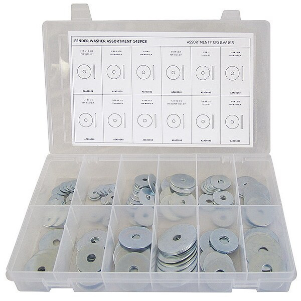 Washer Assortment, ,Steel Zinc Plated Finish, 143 PCS