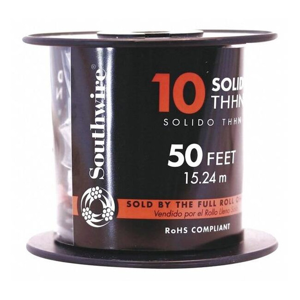 Southwire THHN Building Wire, Copper, 10 AWG, 1C, Black, Solid, 50 ft 11595617